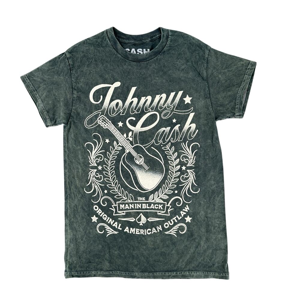 Johnny Cash Guitar Rock Band T-Shirt Green - Gray Light Bleach Effect Small New